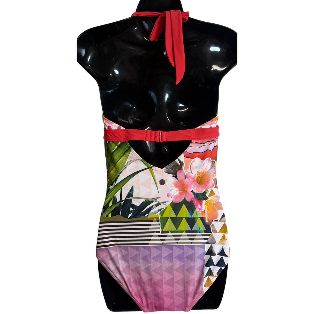 Prana Women One Piece Swimsuit Medium Halter Bathing Suit Carmine Pink Paradise - Picture 4 of 8